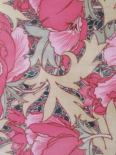 Arts and Crafts stylised flowers and foliage in shades of pink 